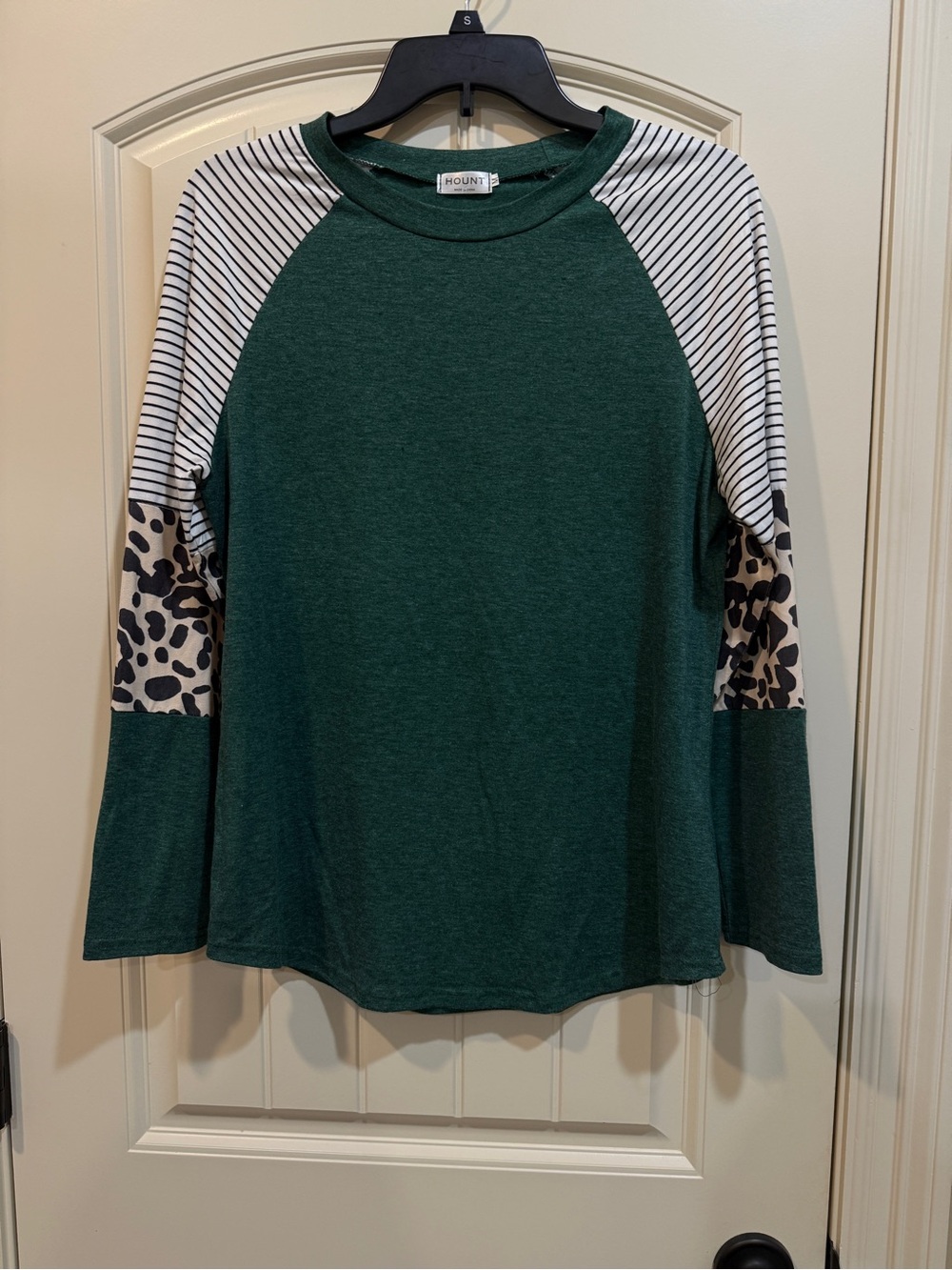 Hounú Green Raglan Long Sleeve Tee with Striped & Leopard Sleeves
